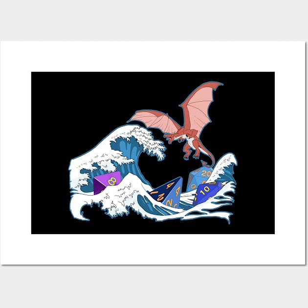 Tabletop Gaming DM Print Cool Dragons D20 Dice And Waves Tee Wall Art by Linco